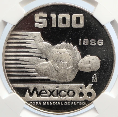 1985 MEXICO FIFA World Cup 1986 Football Soccer PRF Silver 100P Coin NGC i105667