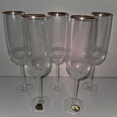 x 5 Vintage BOHEMIA Crystalex Etched  Champagne Glasses  Gold rim