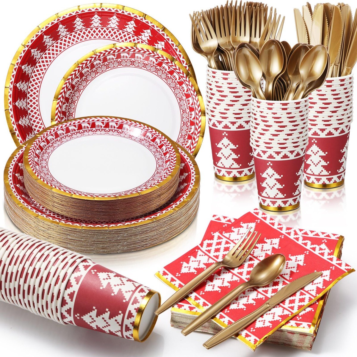 200 Pcs Christmas Dinnerware Set Disposable Red and White Paper Plates and 