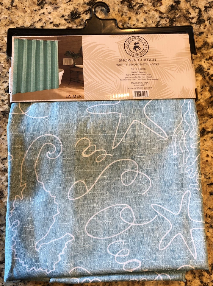 New Caribbean Joe LA MER Aqua Fabric Shower Curtain with Beaded Metal Hooks - Image 2 of 4