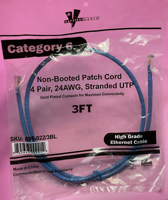 3FT Cat6 Ethernet Patch Cable Blue RJ45 24AWG UTP Vertical Cable