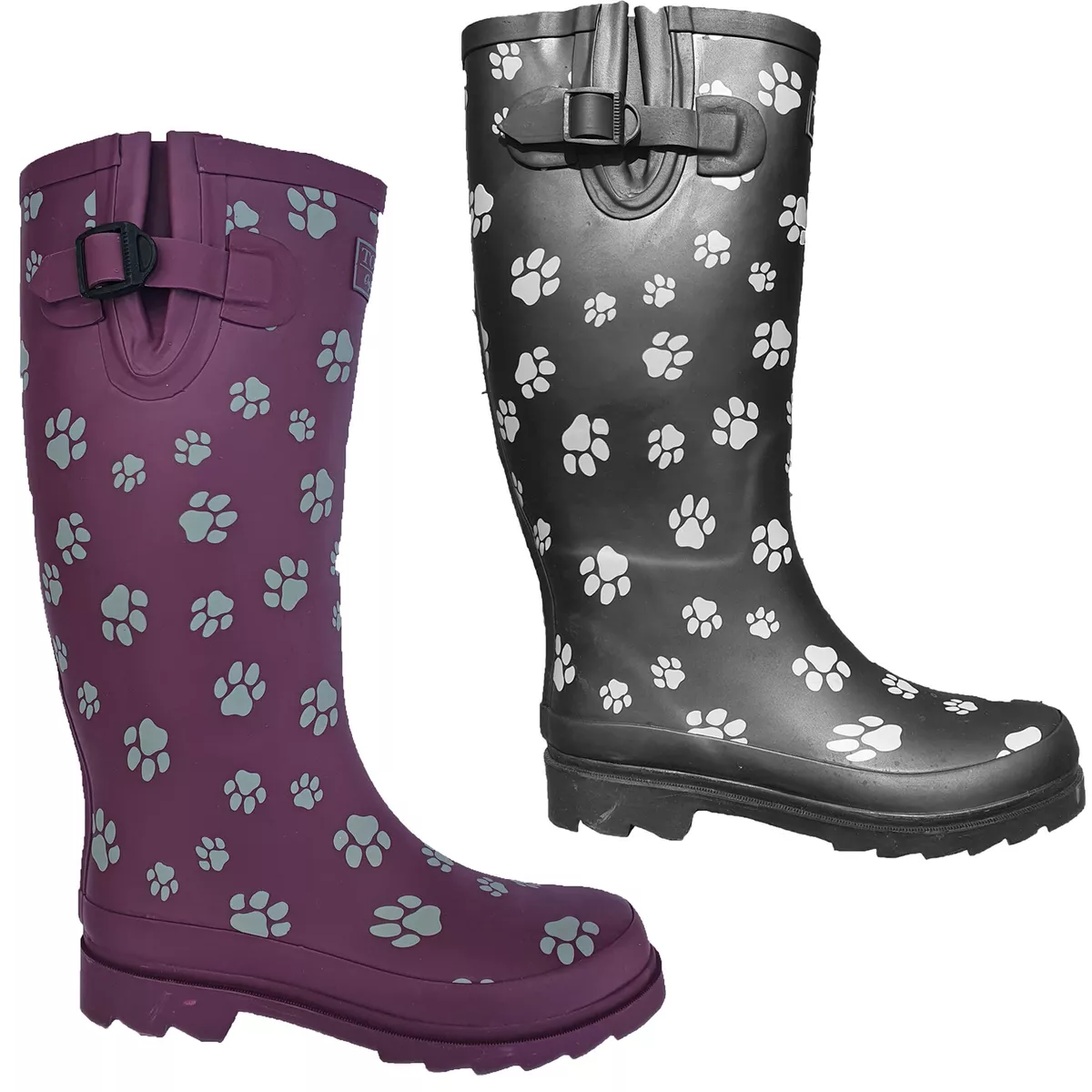 Womens Wellingtons Dog Walking Paw Print Adjustable Buckle Rain Rubber Wellies