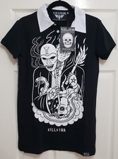 KILLSTAR Harry Ladies 3 Button Collar Graphic Women T Shirt Black Medium Top NEW