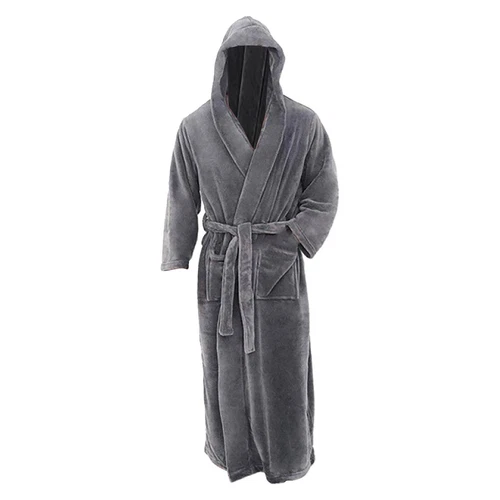 Mens Winter Robe Hooded Plush Long Fleece Spa Bath Robe with Hood and Pockets - Picture 21 of 45