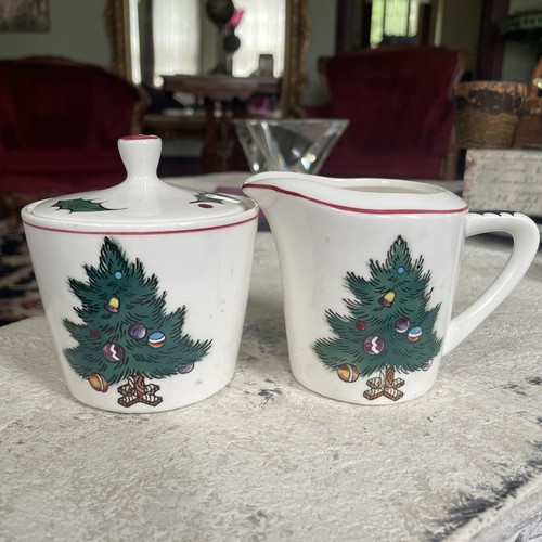 Vintage Lefton Christmas Creamer and Sugar Set Christmas Tree And Holly