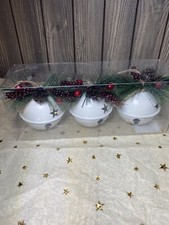 White Jingle Bell Ornaments w/ Berries Set of 3 New 