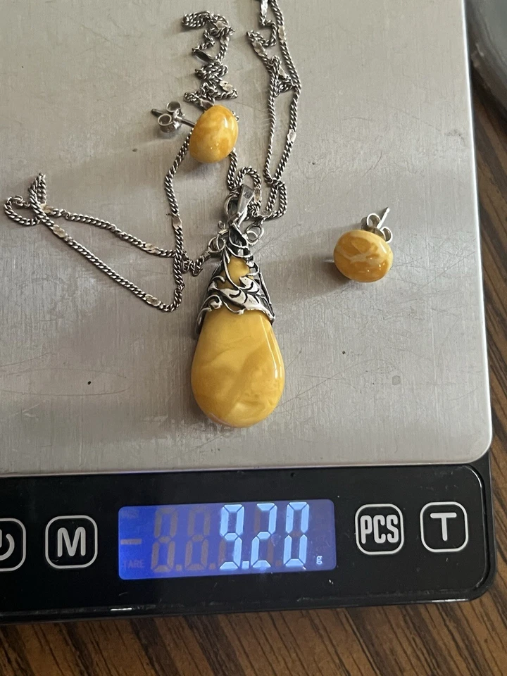 Colgante ámbar yema de huevo báltico de plata de ley 925 con collar 925, pendientes Foto 3 de 4