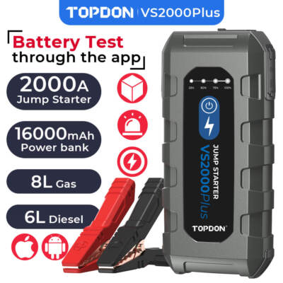 16000mAh Jump Starter TOPDON VS2000Plus Car Battery Tester 2000Amp Power Bank