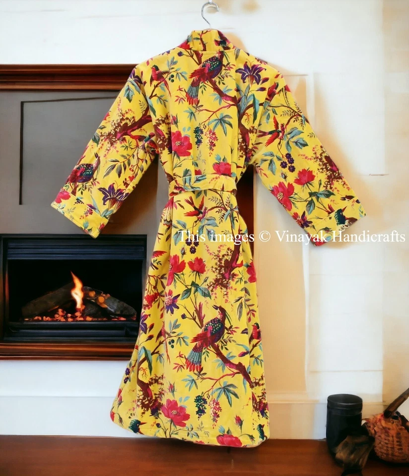 Abrigo Chaqueta Lujosa Terciopelo Flecos Kimono Amarillo Pájaro Estampado Kimono Chaqueta Larga Foto 4 de 4