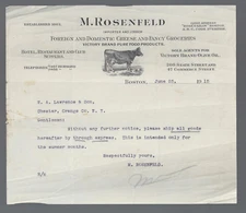 Pair 1915 M Rosenfeld Grocer Letterhead Boston MA Victory Olive Oil Cow Cheese