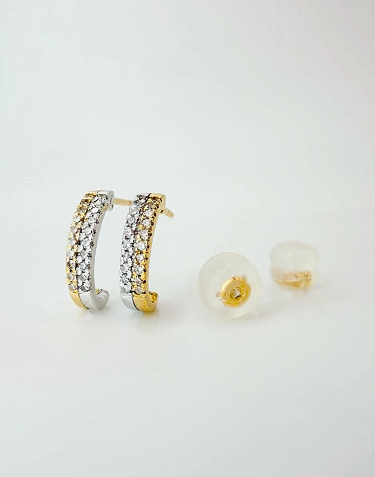 18K Solid Gold Half Hoop Huggie studs Diamond earrings | Minimalist Two tone - Image 3 of 4