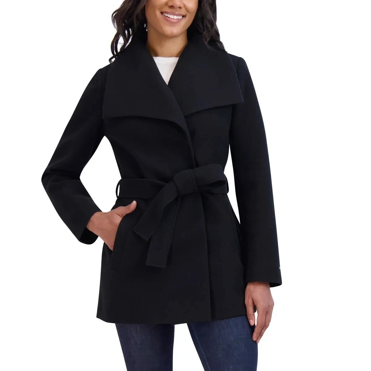 Tahari Womens Coat Wrap Faux Wool Water-Resistant Pockets Tie Belt Black S E4/15