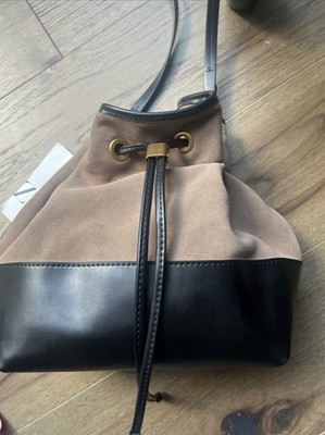 ZARA Cow Suede LEATHER BUCKET BAG WITH STRAP  NWT!! Brown /Black