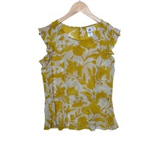 Cabi Sunrise Floral Print Chiffon Ruffle Sleeve Blouse size Small Yellow/White