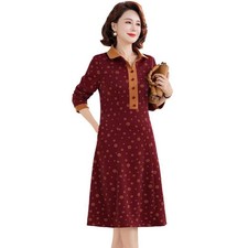 Women Polka Dot Long Sleeve Dress Midi with Pocket Collared Casual Party Fashion