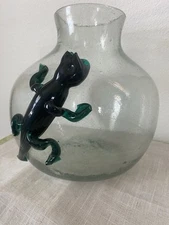 Blenko Likes Hand Blown Glass Clear Bubble Glass With A Large Green Lizard