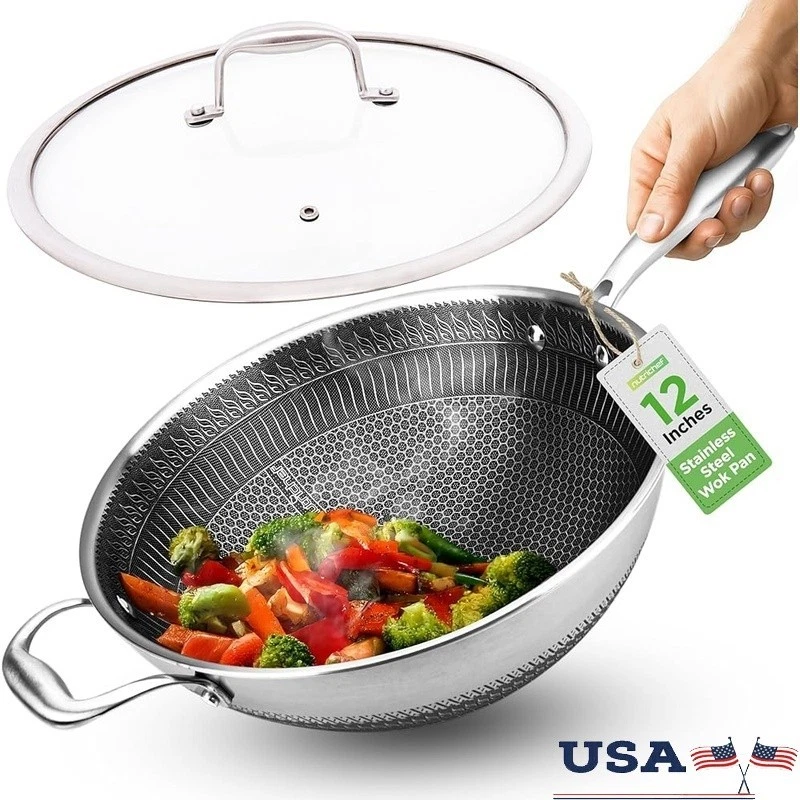 Nonstick Stainless Steel Wok Induction Ready Scratch Resistant 12 Inch Pan New