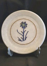 Coupelle Soucoupe Décorative Fleur En Incrustation Dans Marbre Blanc Albâtre 