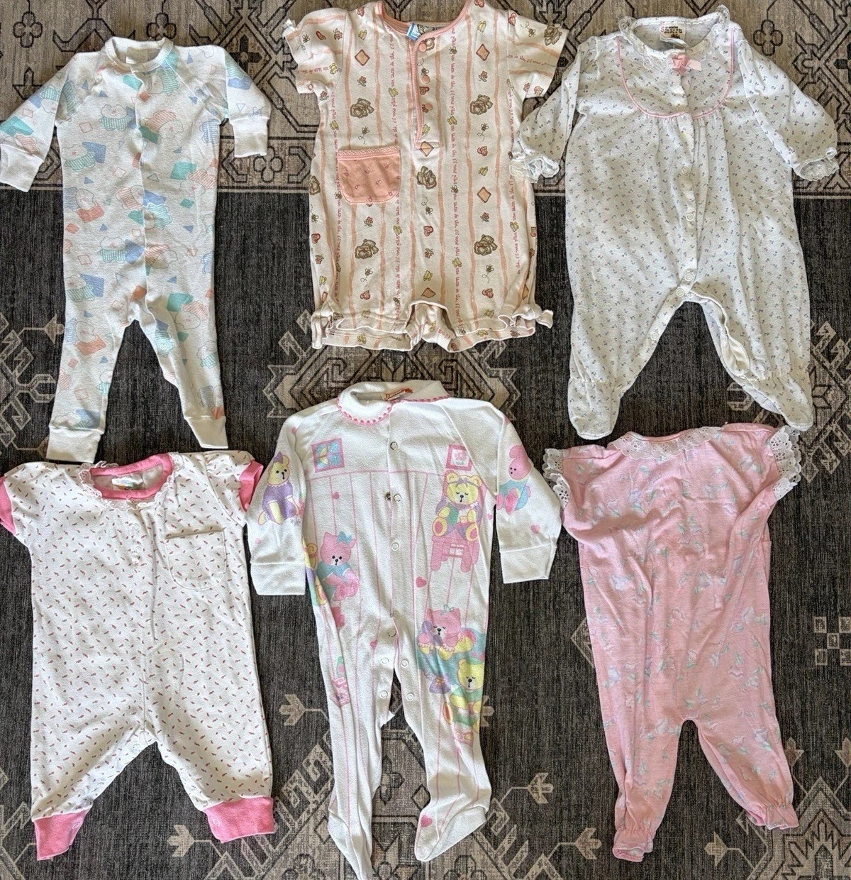 Vintage 70s/80s Baby Girl Clothing Lot Pajamas Rompers Floral Lace Bow Outfits