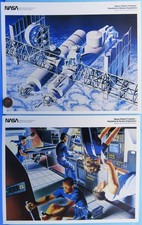 NASA litho photo Pair '90s vtg Space Station FREEDOM Concept Art / Astronauts