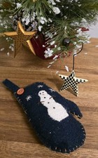 3 Primitive Christmas Ornament Lot 1 Blue Felt w/Snowman, 2 Wood Stars