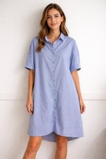 Lili Sidonio Blue Striped Button Down Shirt Dress M Roll Tab Sleeve Lagenlook