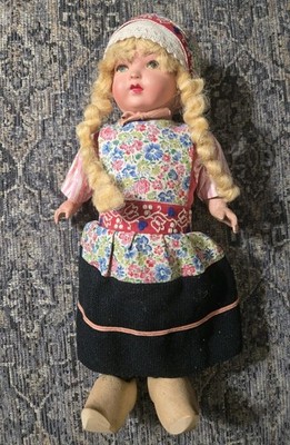 Vintage Dutch Doll Girl Braids Traditional Costume Wooden Shoes Marked VH
