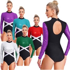 Womens Jumpsuit Unitards Bodysuit Dance Leotard Performance Glittery Mock Neck