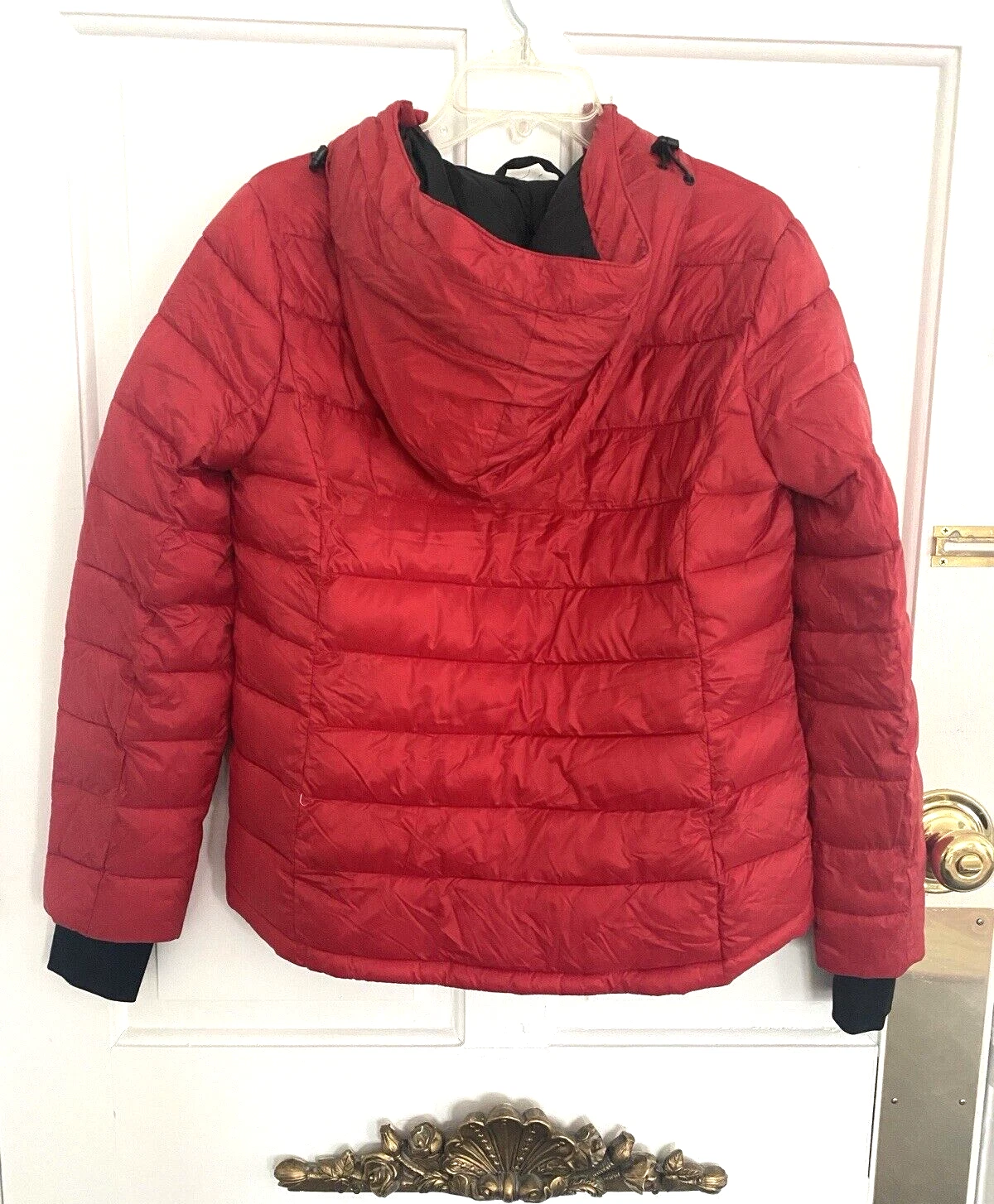 Giacca Michael Kors rossa puffer con cappuccio tasche fori per i pollici cappotto zip intera M