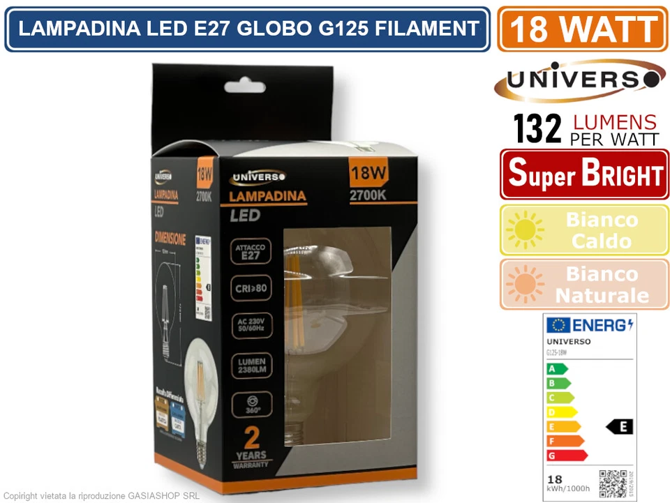 UNIVERSO LAMPADINA LED E27 18W BULB G125 GLOBO FILAMENT VETRO TRASPARENTE 2380LM - Immagine 2 di 2