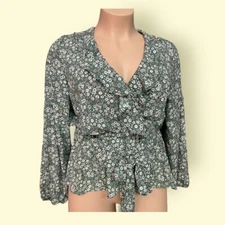 Max Studio Long Sleeve V-Neck Ruffle Blouse Elastic Tie Green Floral Large NEW