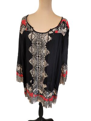 90's Black Rayon Hippy Tunic Shirt Dress Beads & Tassels in a Large