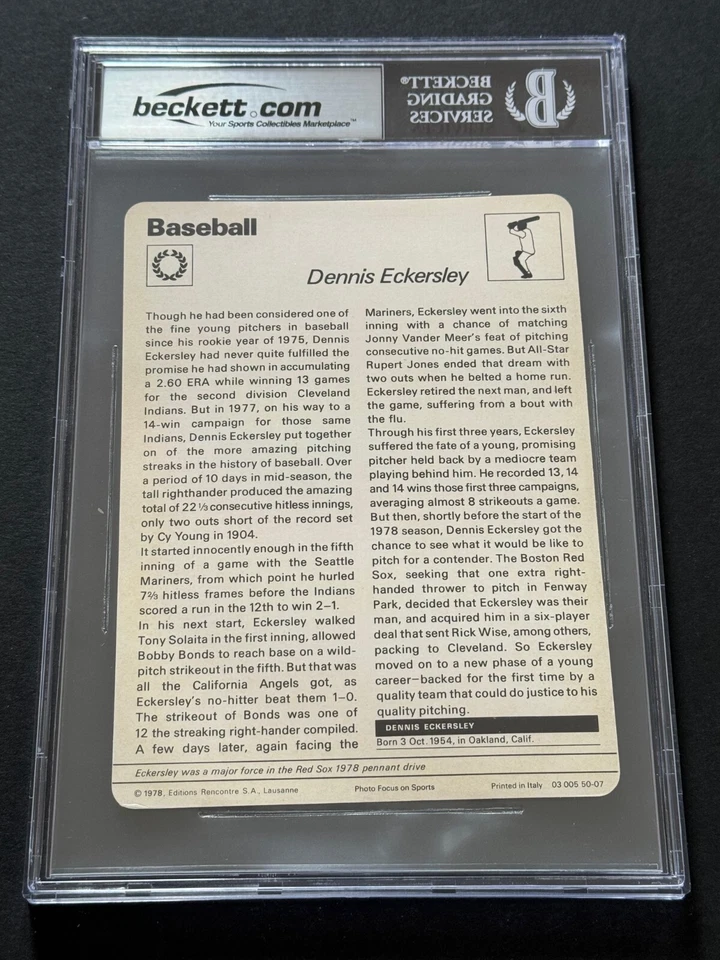 丹尼斯·埃克斯利签名 1977 年 Sportscaster 卡 #50-07 贝克特 BAS 正品证书红袜队 — 第 2/2 张图片