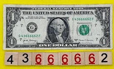 Five in a Row 6s Quints ￼G 43666662 F DC Fancy Serial Number One Dollar Bill