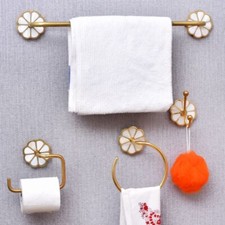 Set Of 4 Mother of Pearl Brass Toilet Paper Stand Towel Hook Bath Towel Ring