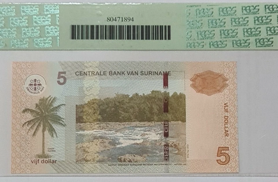 2010 Suriname 5 Dollars PCGS68 PPQ SUPERB GEM NEW {P-157c} - Image 4 of 4