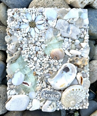 Coastal Inspired Mixed Media Mosaic Wall Or Table Art! Shells, Glass, Ceramic