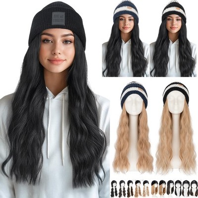 Women Winter Beanie Hat Knit with Wavy Straight Hair Wig Warm Ladies Party Daily