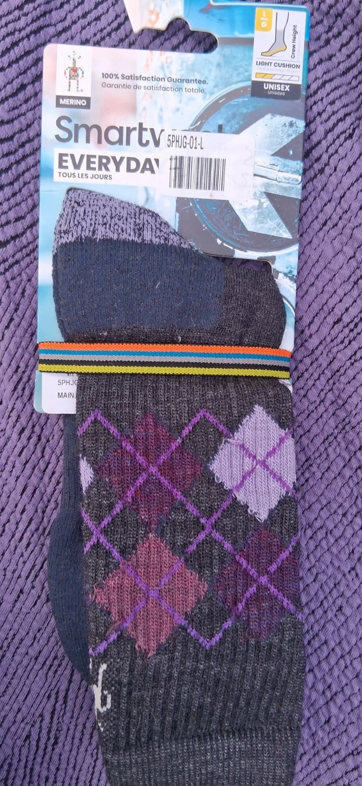 Smartwool socks diamond jim crew argyle Lg L Large merino wool Purple Black