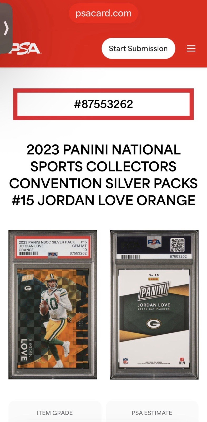 Jordan Love (Packers) 2023 Panini NSCC Silver Pack Orange /199 PSA Gem Mt 10