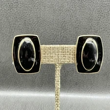 Vintage Monet Clip-On Earrings Black Enamel Oval Cabochon Gold Tone Chunky 90s