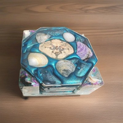 Set of Four Resin Coasters with Holder Shells From Maine Beaches Beaches