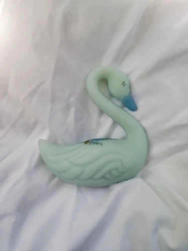 Vintage Fenton Blue Roses On Blue Satin Swan Figure Signed Hand Painted Glass 4"