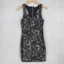 Papaya Dress Womens Small Black Silver Floral Lace Sheath Bodycon Lined Party