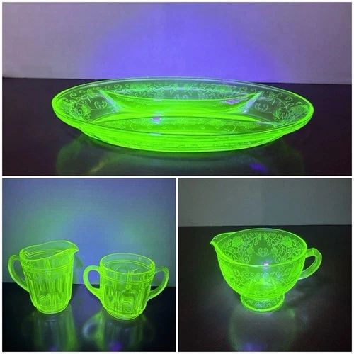 VTG Uranium Depression Lot - Divided Dish, Creamer & Sugar Set & Creamer