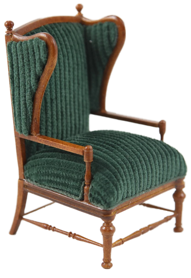 Dolls House Green Cord Open Armchair Walnut JBM Miniature Living Room Furniture - Image 1 of 1