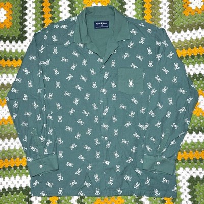 Psycho Bunny All Over Logo Print Green Men s Large Valen Flannel Button Up