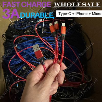 3 in 1 Fast Charging Cable Cell Phone Charger Cord For iPhone Type C Micro LOT