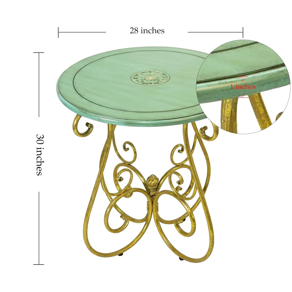 "Mesa redonda vintage verde y dorada con patas de hierro pergamino, 30"" de altura -... Foto 2 de 4