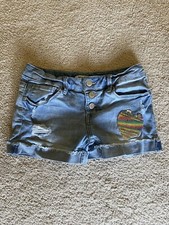 Mudd Girls Shorts Blue Denim Heart Sequins Adjustable Waist Size 12 Snap Casual